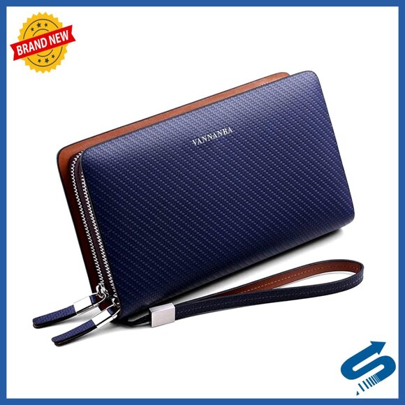 Leather Clutch Wallet Business Double Zipper Handbag Large Capacity Mens
